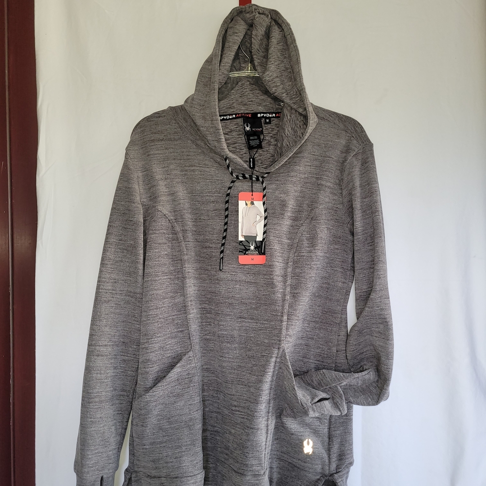 Spyder Gray Women's Size M, T-shirt With Hoodie. Active Wear. Front Pocket.
